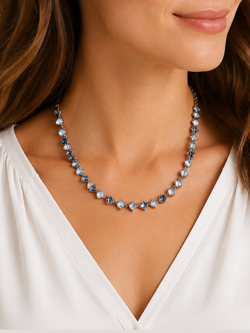 WHBM Rhinestone Statement Necklace Triangle Crystals in Clear and Shades of Blue